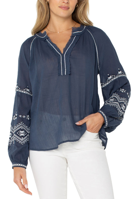 LONG SLEEP RAGLAN WOVEN BLOUSE WITH EMBROIDERY