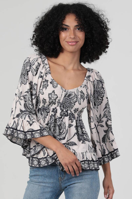 V NECK SMOCKED BUST FLARE BELL SLEEVE TOP