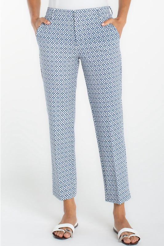 Kelsey trouser with slit 26 inch inseam blue white tile pattern