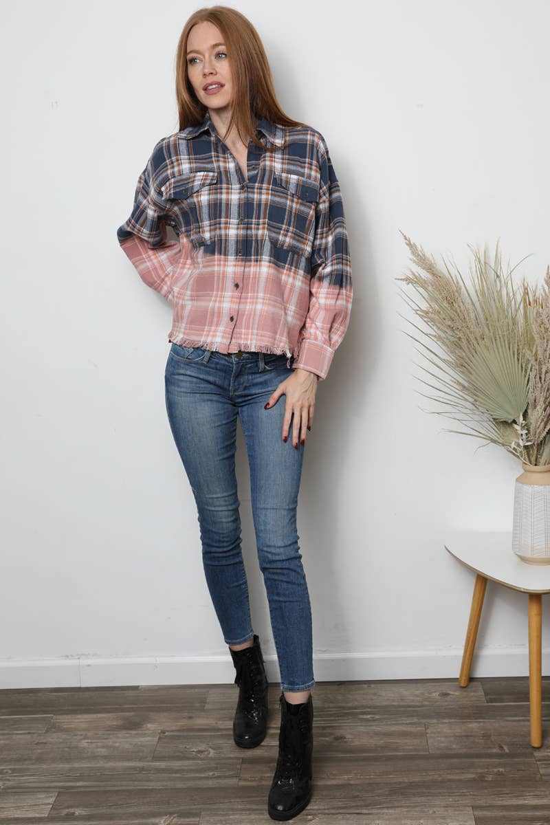 PLAID BLEACH OMBRE DIP DYE BUTTON FRONT SHIRT