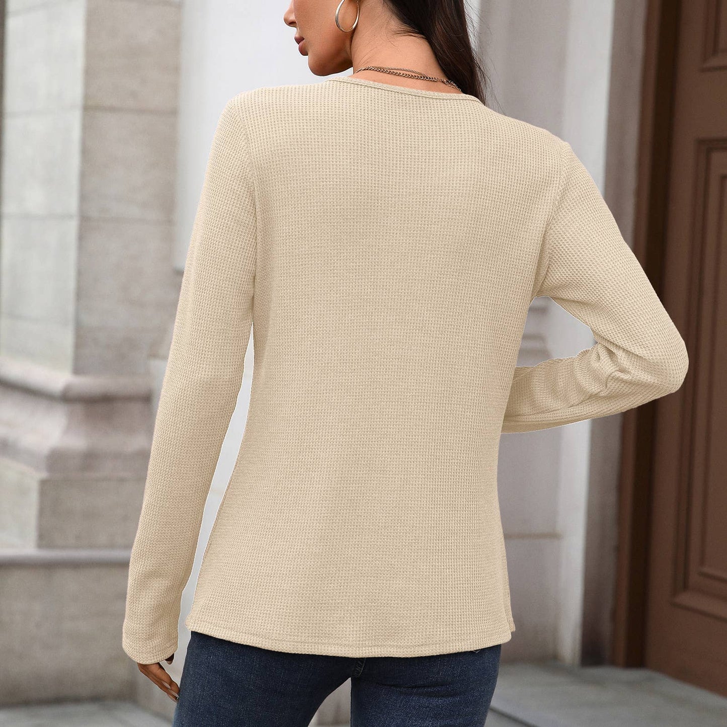 Round Neck Button Loose Long Sleeve Henley Top