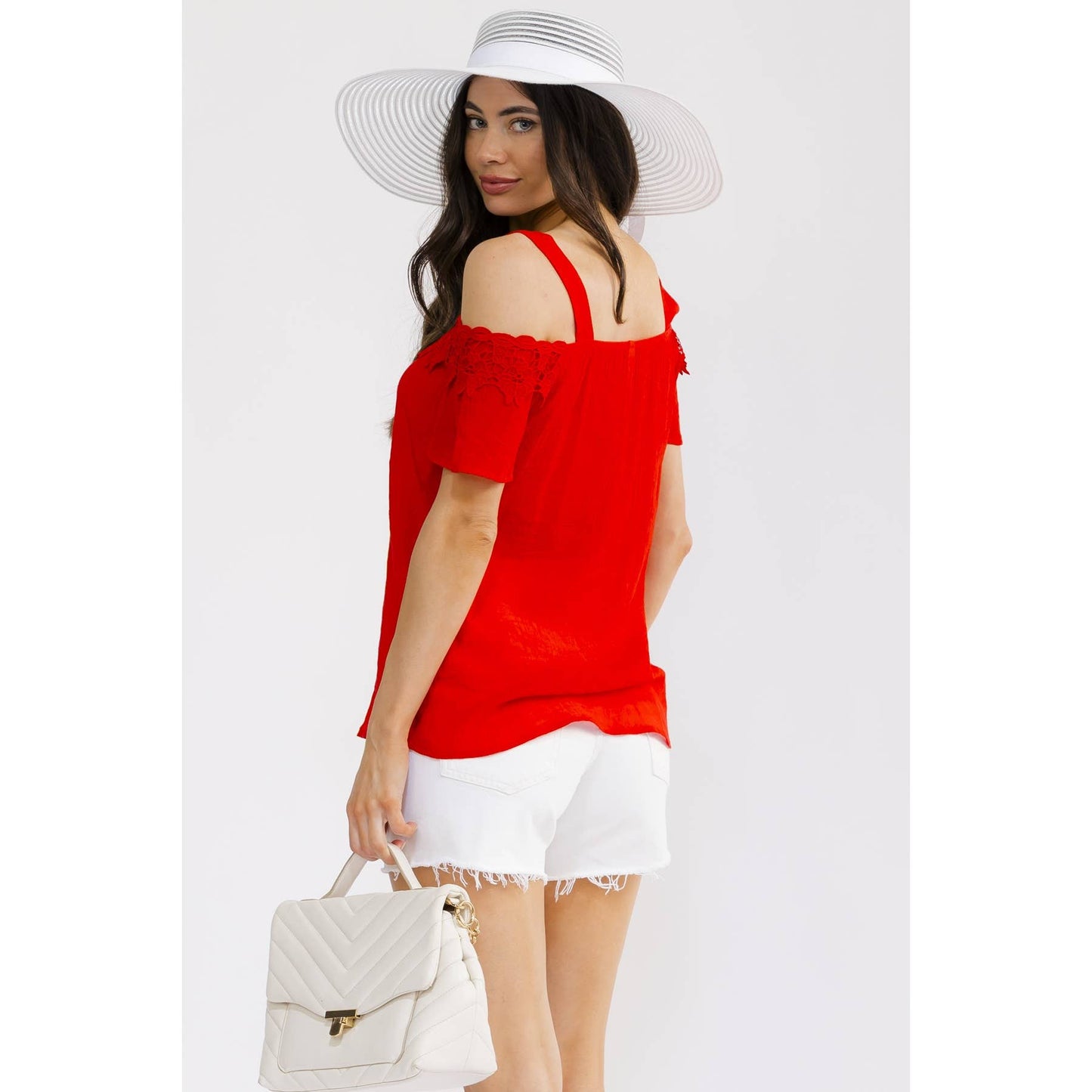 CROCHET TRIM COLD SHOULDER BLOUSE
