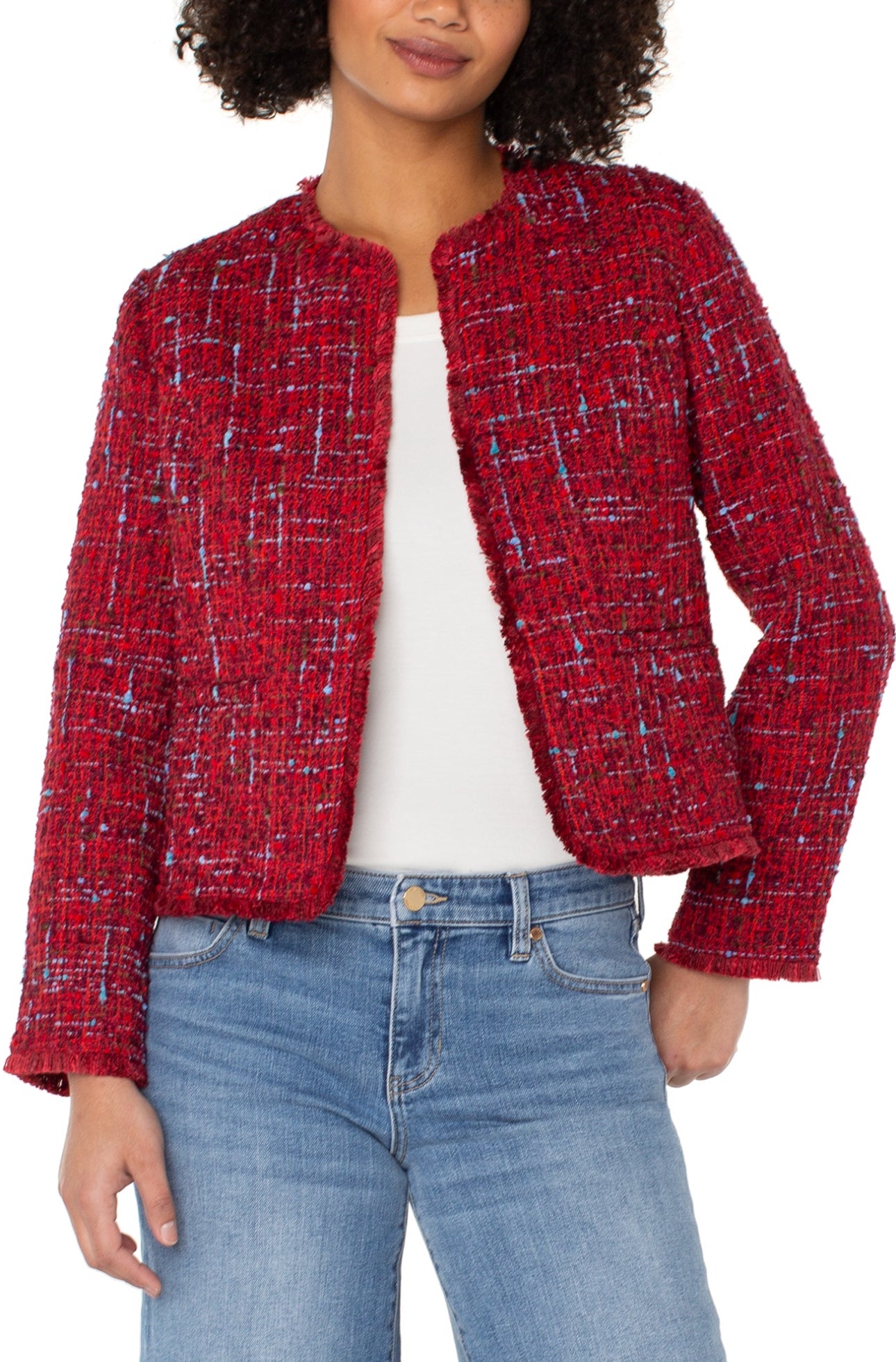 Collarless jacket with frayed edges