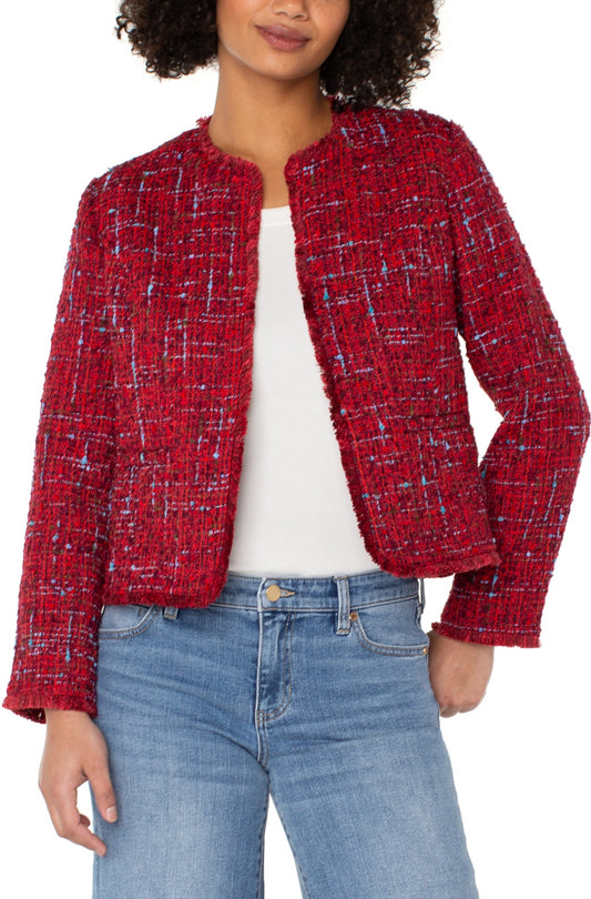 Collarless jacket with frayed edges
