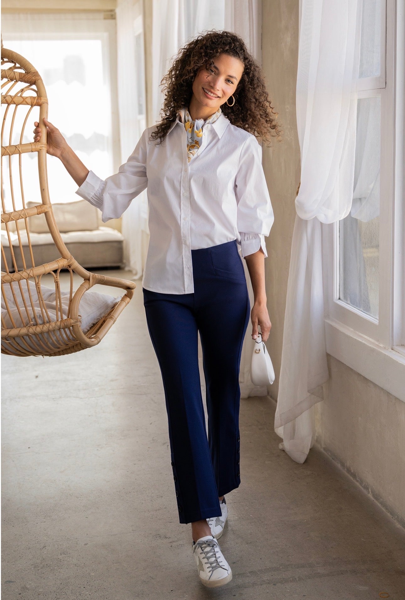 Adjustable sleeve button front woven top white