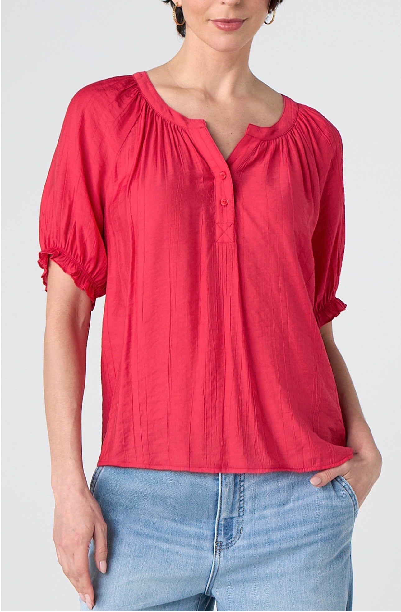 Short sleeve half packet woven top Cherry rose color