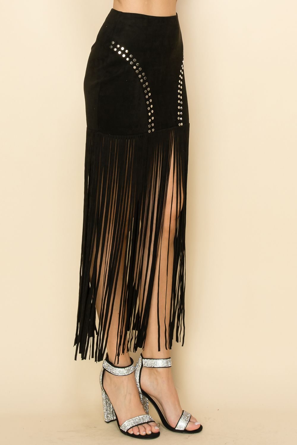 High-rise suede knit maxi skirt with studs and long fringe in Black