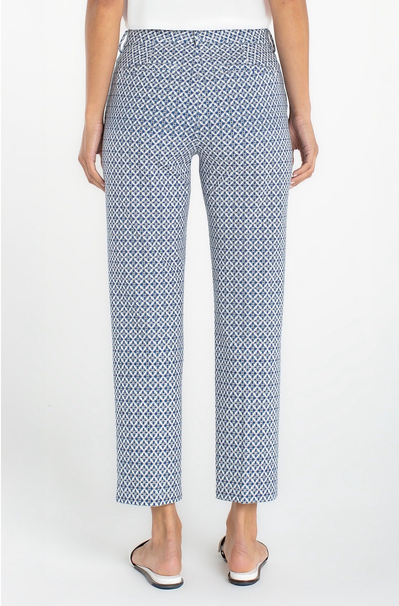 Kelsey trouser with slit 26 inch inseam blue white tile pattern