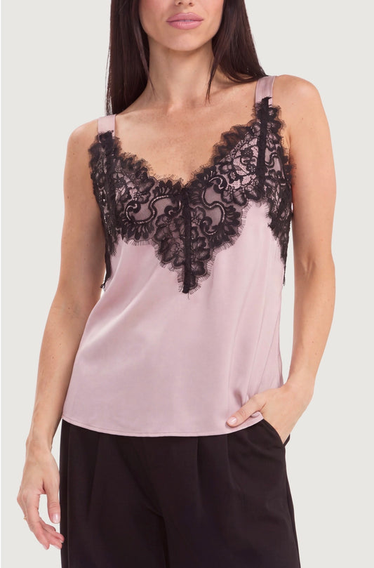 Sleeveless pin tucked woven top with ruffles in pink with black lace