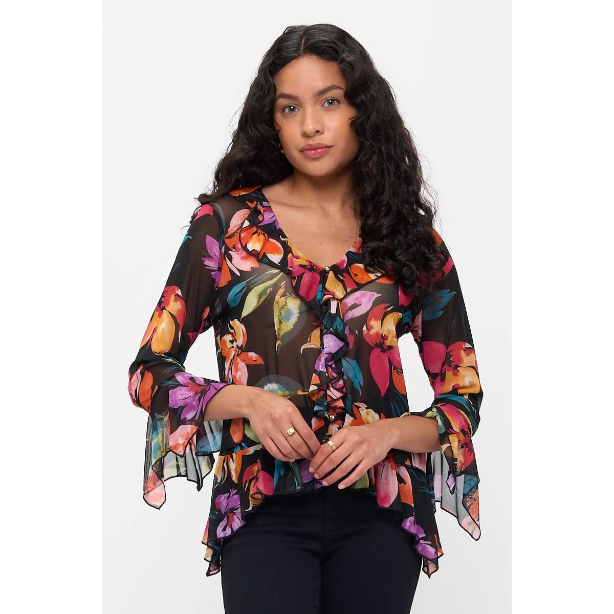 FLORAL BUTTON FRONT RUFFLE DETAIL BELL SHIRT