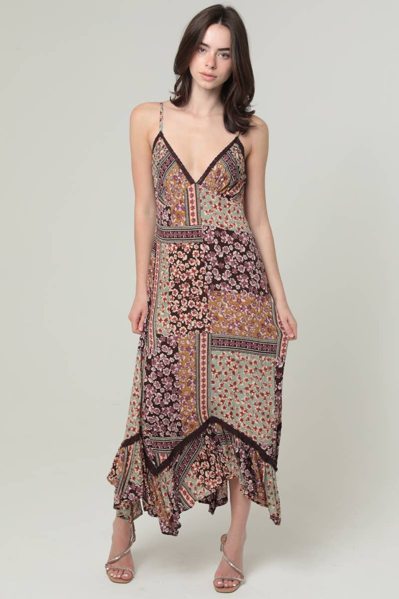 V NECK LACE TRIM MAXI DRESS