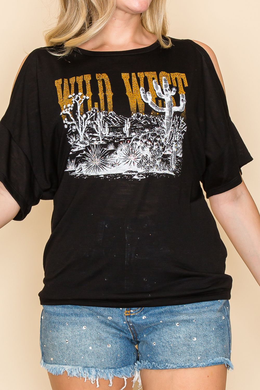 Wild West Desert printed cold shoulder sleeve top in black