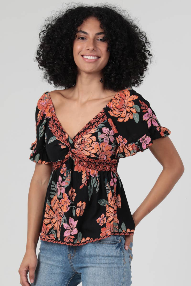 V NECK TWIST FRONT PRINTED SHORT SLEEVE TOP