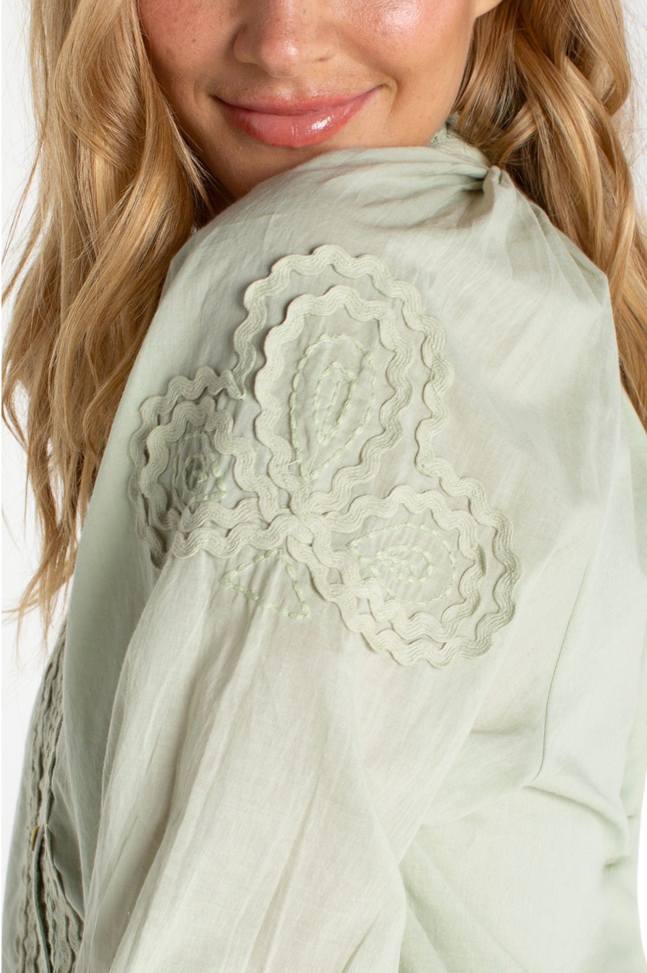 3/4 sleeve button front woven top with embroidery in matcha