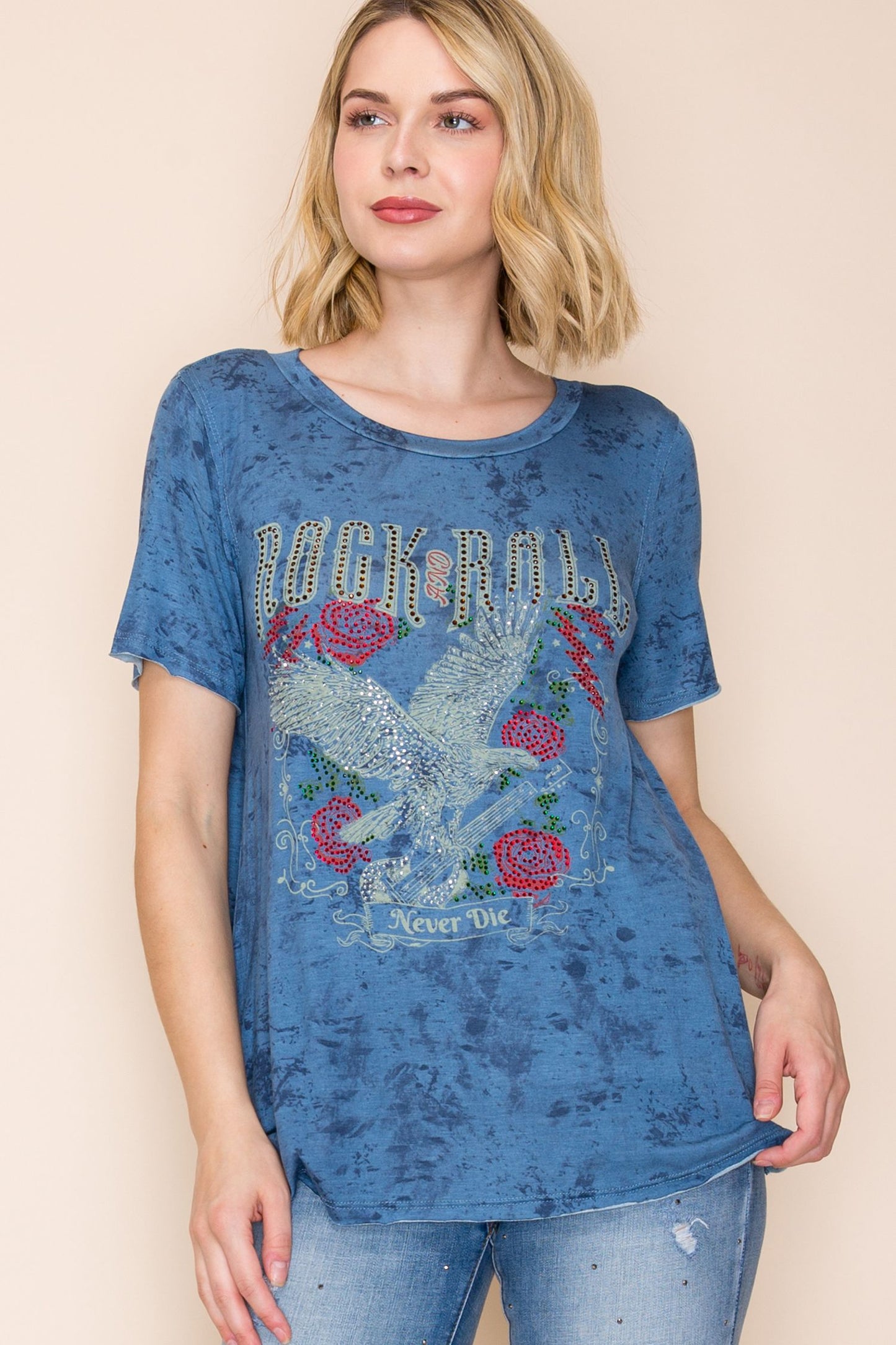 Edgy graphic tee with rhinestones rock ‘n’ roll never die