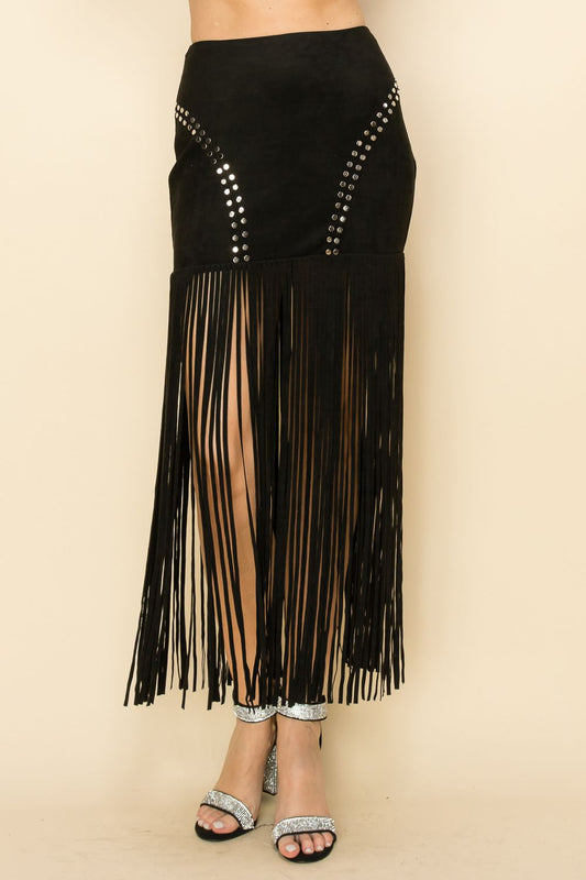 High-rise suede knit maxi skirt with studs and long fringe in Black