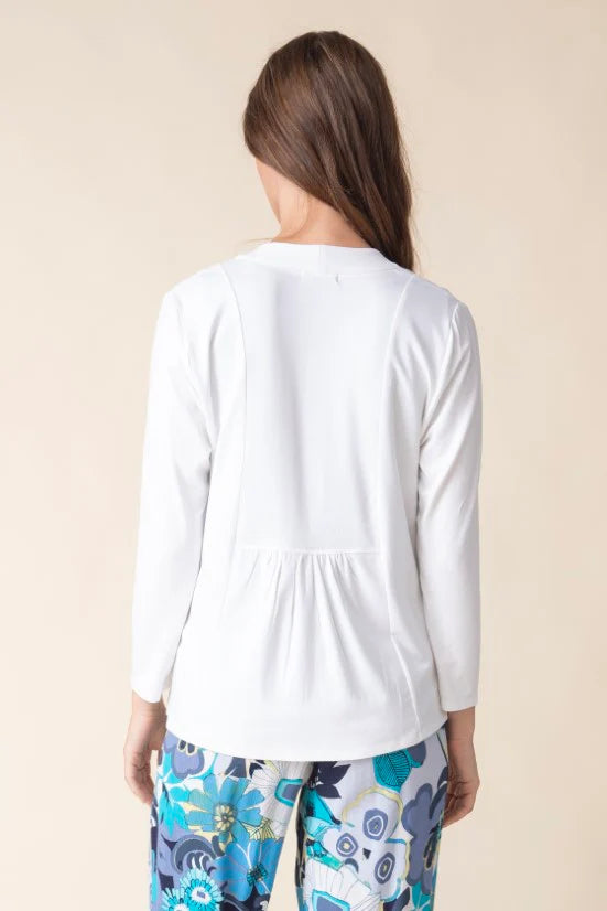 CORE TRAVEL WHITE SHIRRED BACK OPEN FRONT JACKET