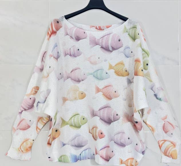 Fish  V-Neck Knit Printed Long Sleeves Sweater LOOWIE