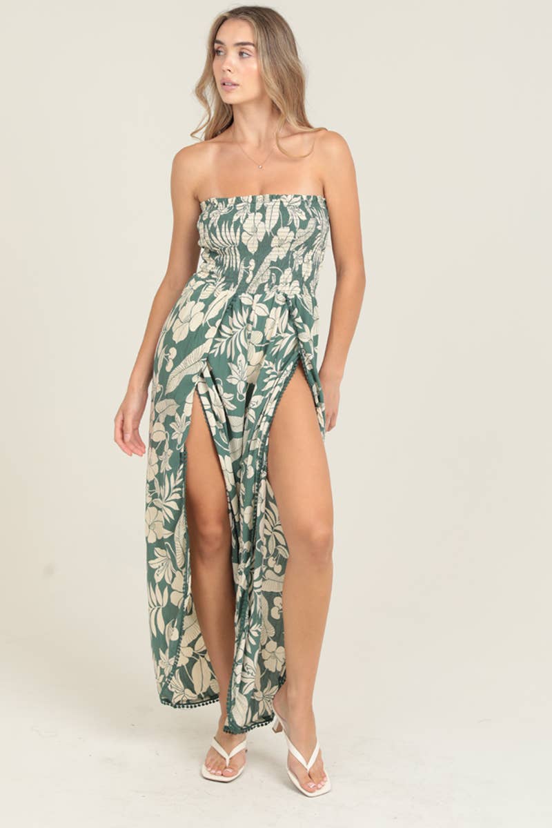 SMOCKED BODICE WRAP LEG JUMPSUIT