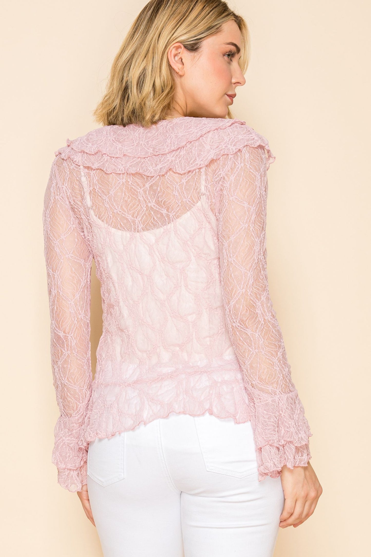 Long sleeve lace cardigan with ruffle, details and tie