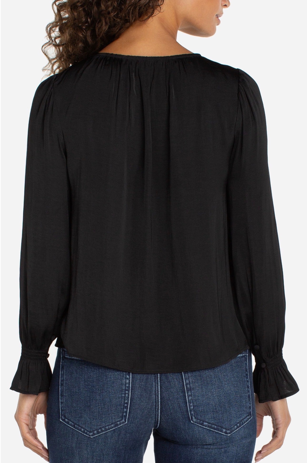 Three-quarter length sleeve button front woven top with ruffle details