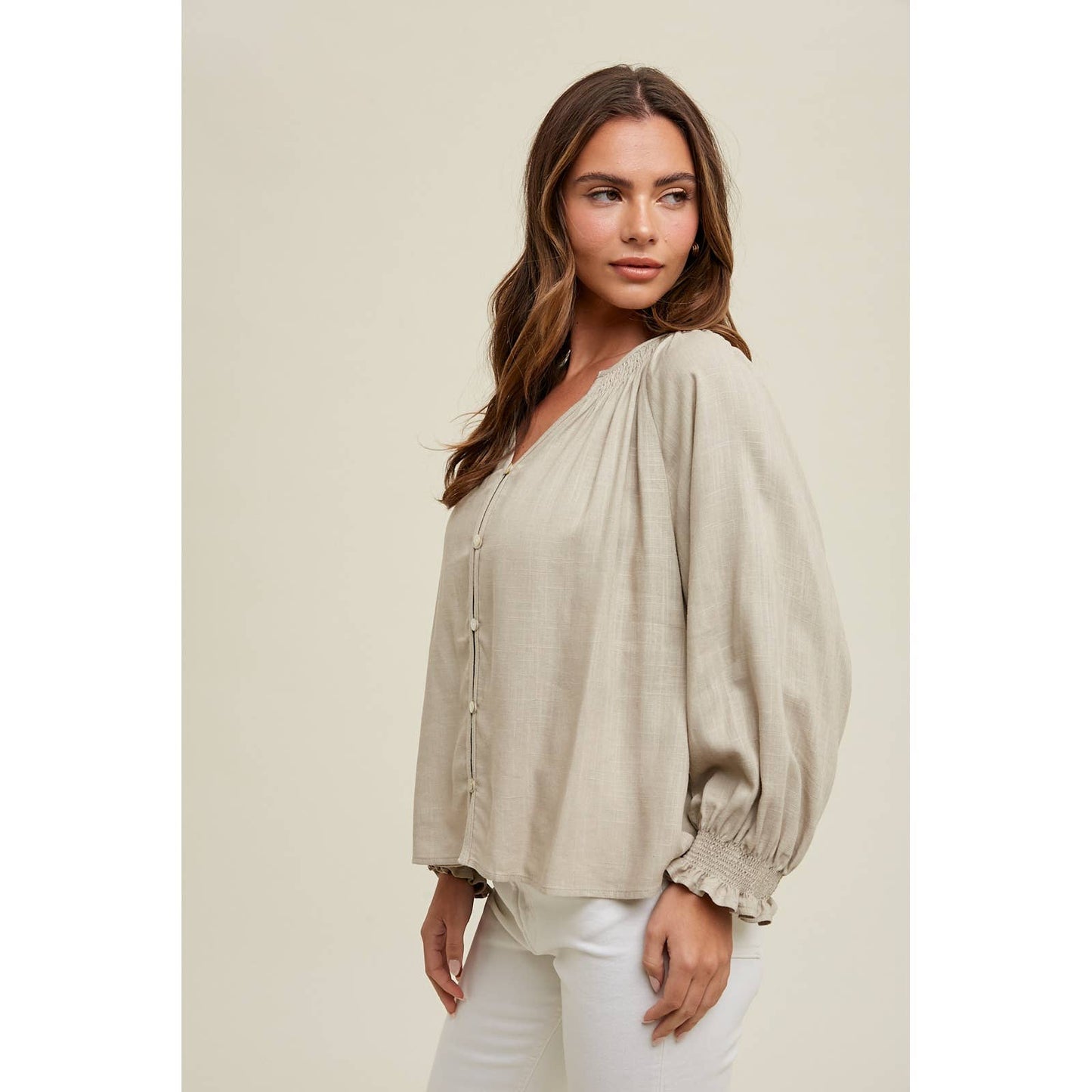 DROP SHOULDER BLOUSE WITH SMOCKED CUFF DETAIL