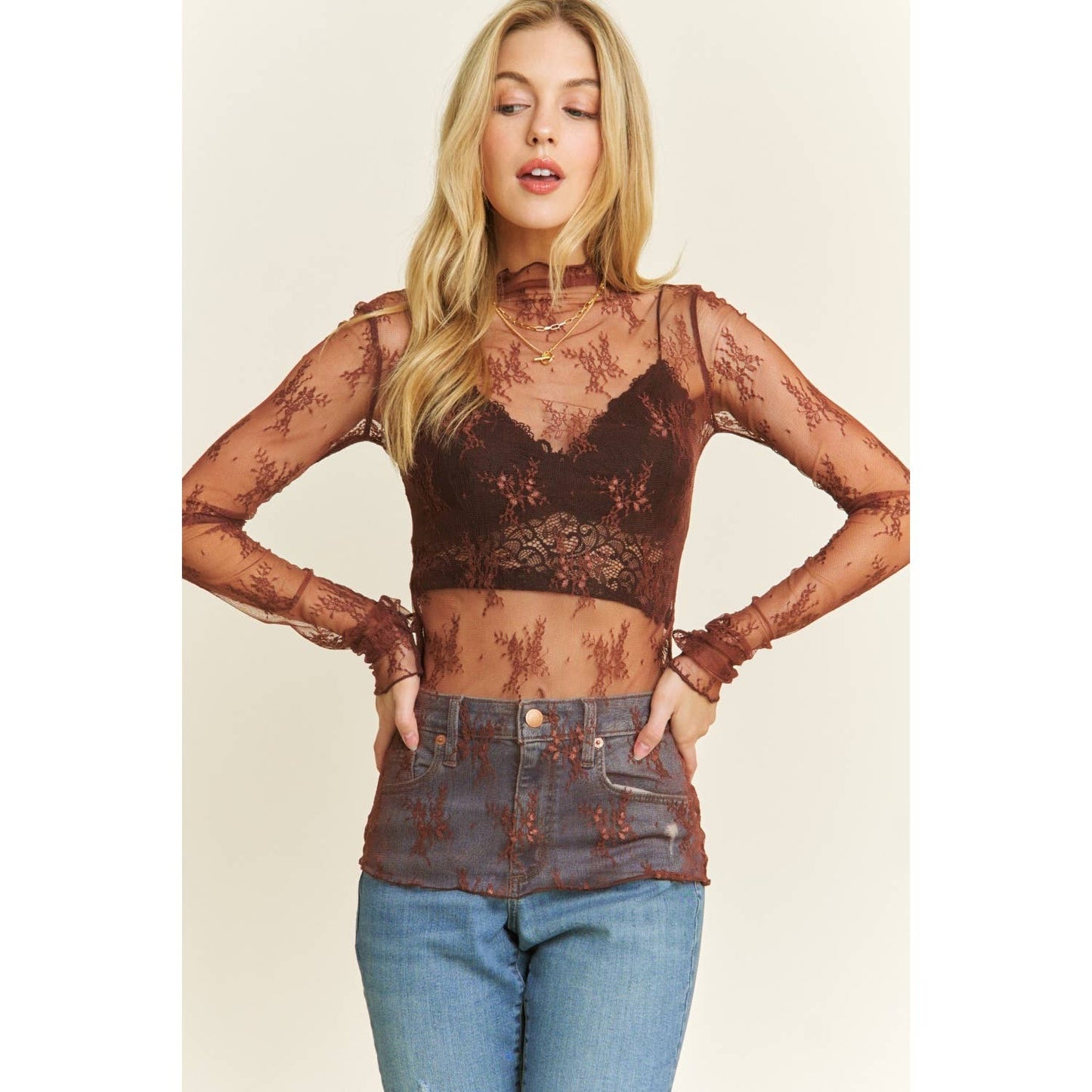 MESH LACE HIGH NECK DESIGN LONG SLEEVE FITTED TOP