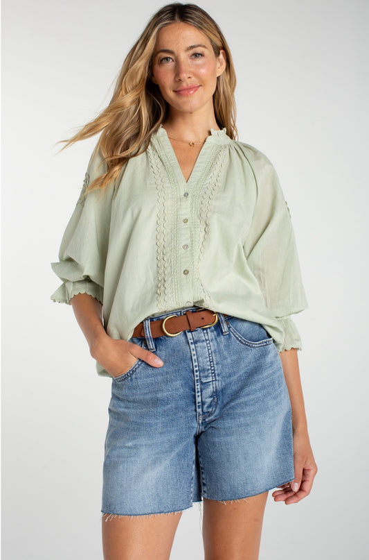 3/4 sleeve button front woven top with embroidery in matcha