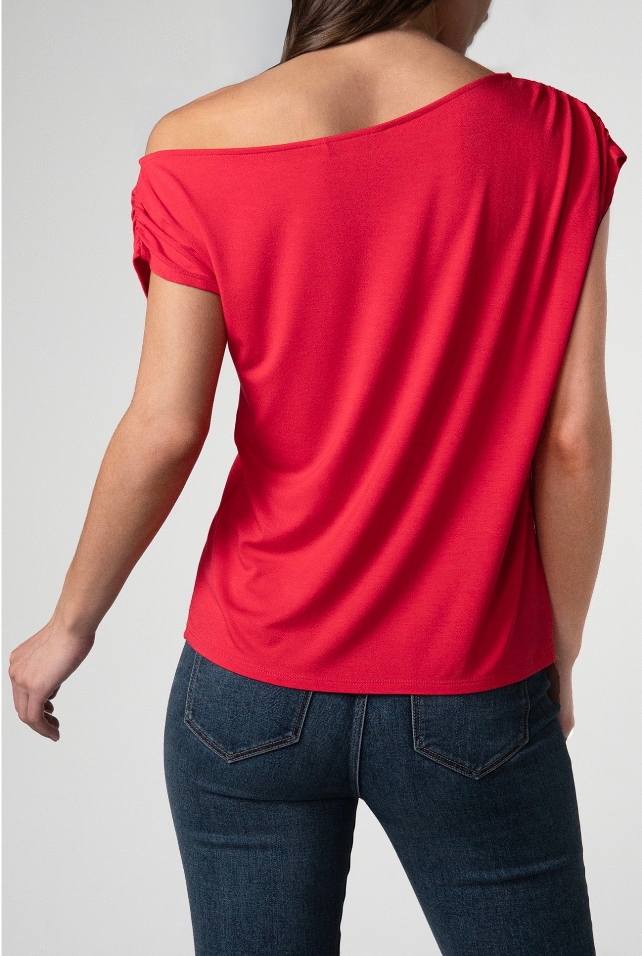 Short sleeve asymmetric off shoulder knit top in cherry rose