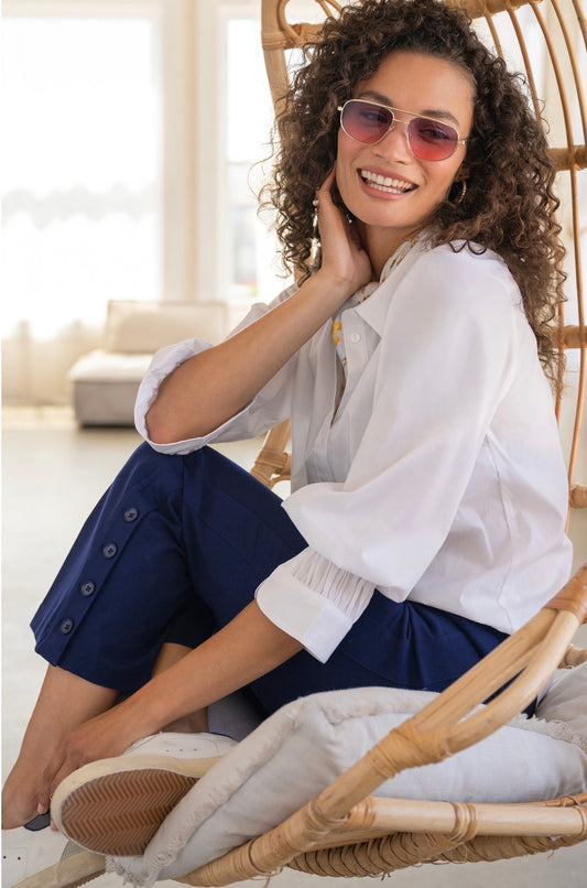 Adjustable sleeve button front woven top white