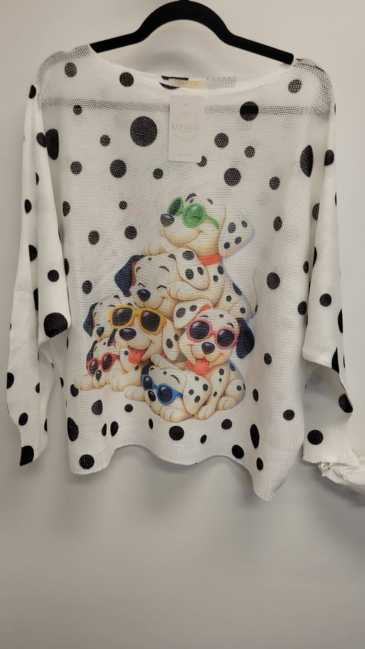 VIPDKSW Italian OS White Polka Dot Puppy Print Knit Sweater