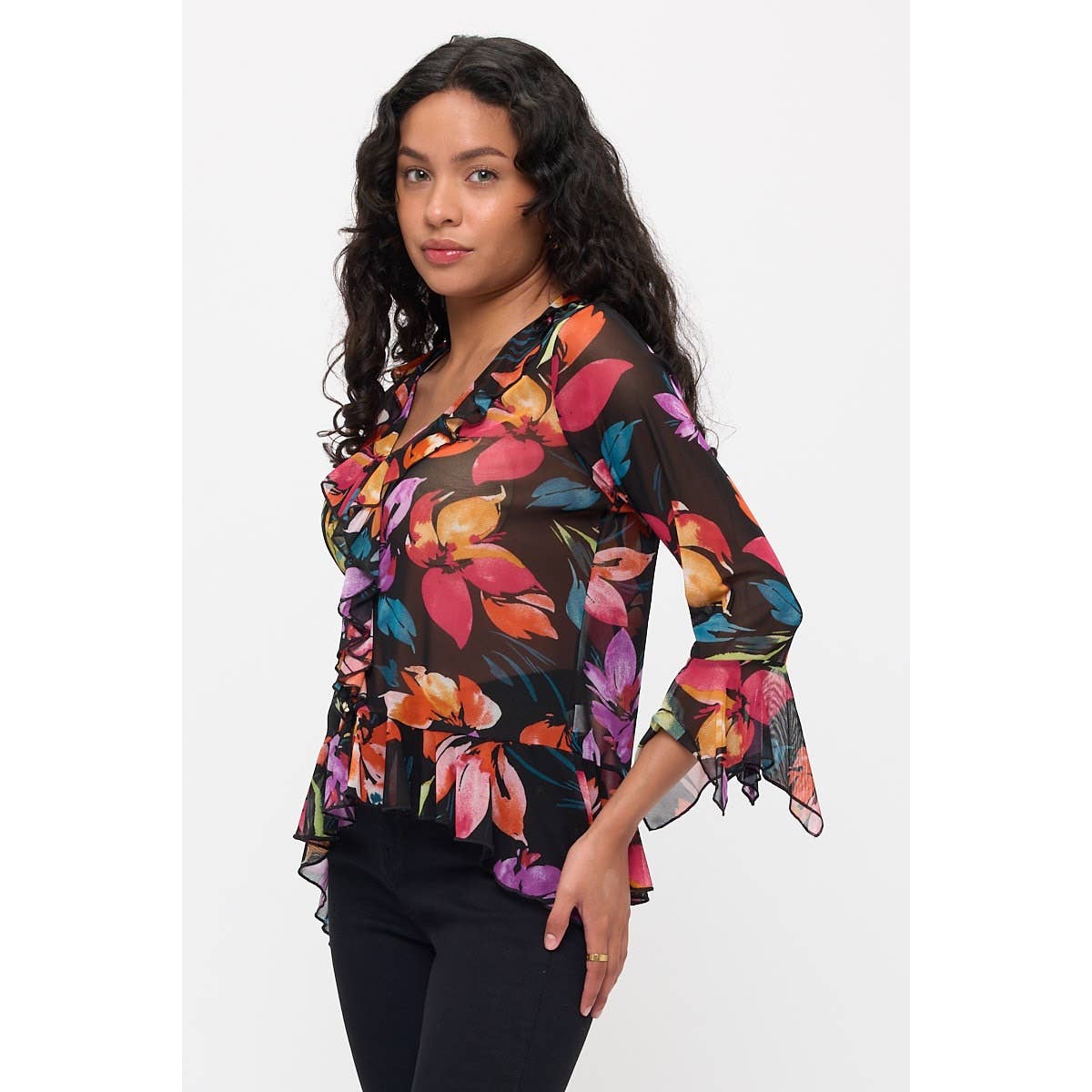 FLORAL BUTTON FRONT RUFFLE DETAIL BELL SHIRT