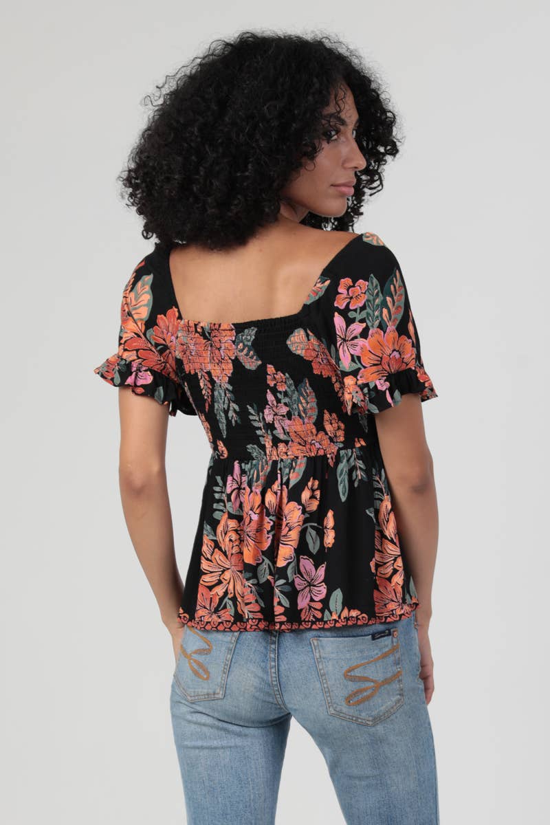 V NECK TWIST FRONT PRINTED SHORT SLEEVE TOP