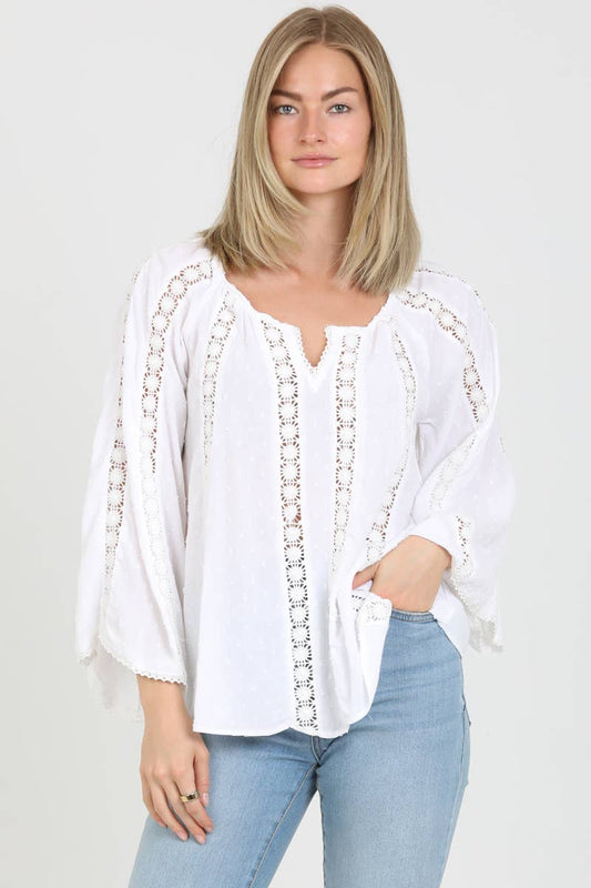 FLARE BELL SLEEVE LACE INSET V NECK TOP