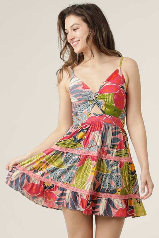 V NECK TWIST FRONT CUT OUT LACE TRIM DRESS