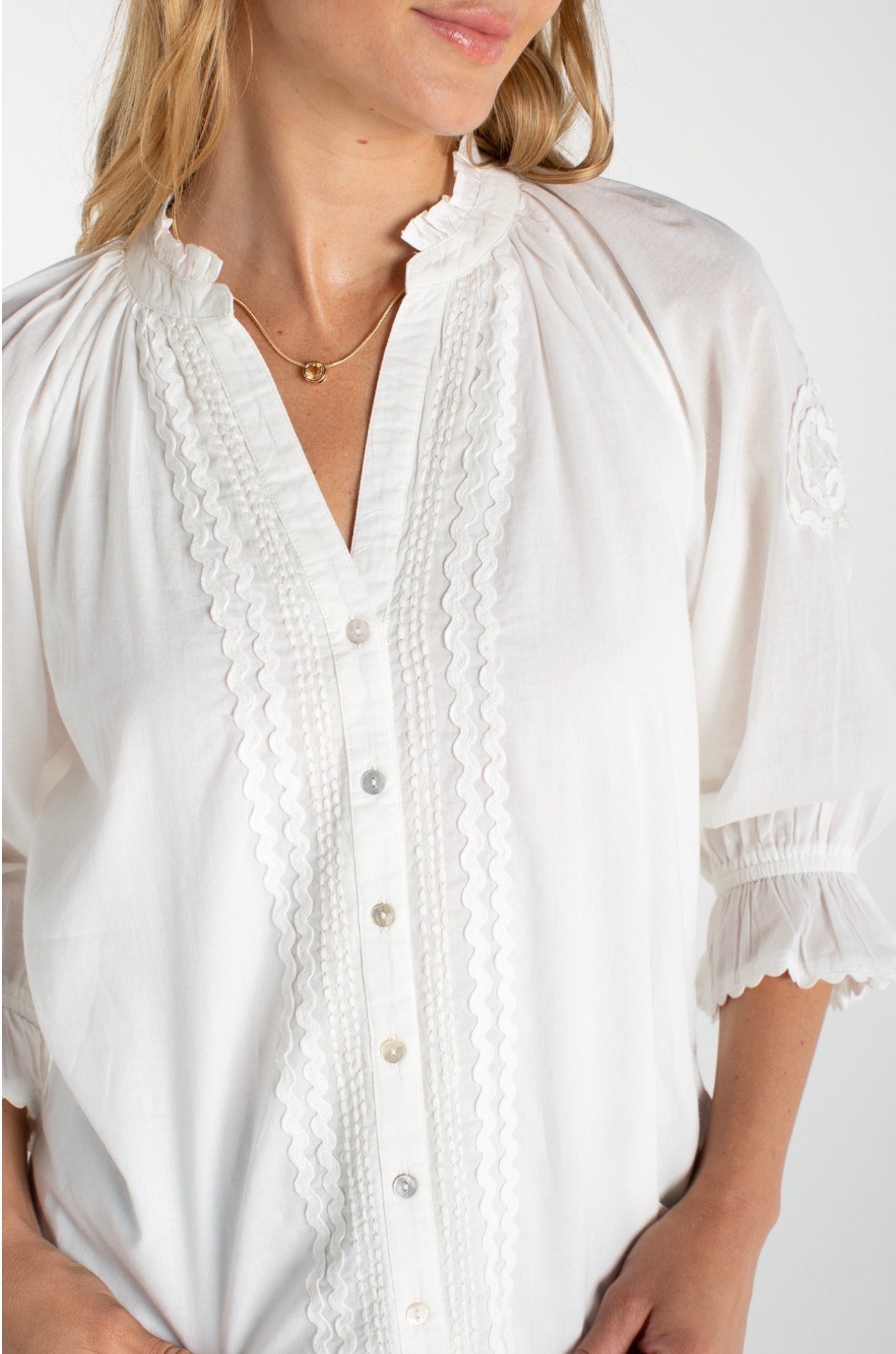 3/4 sleeve button front woven top with embroidery in bone