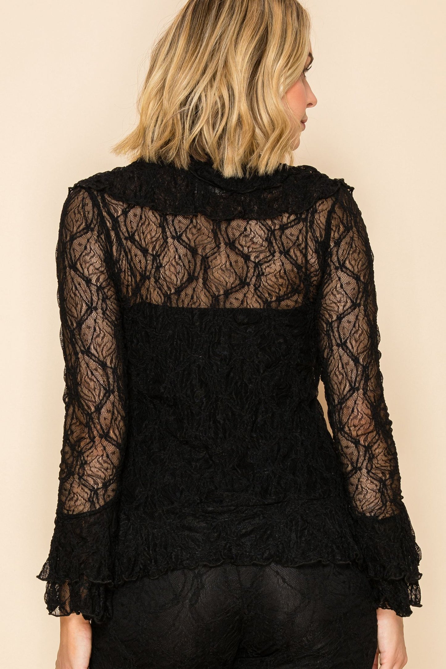 Long sleeve lace cardigan with ruffle, details and tie