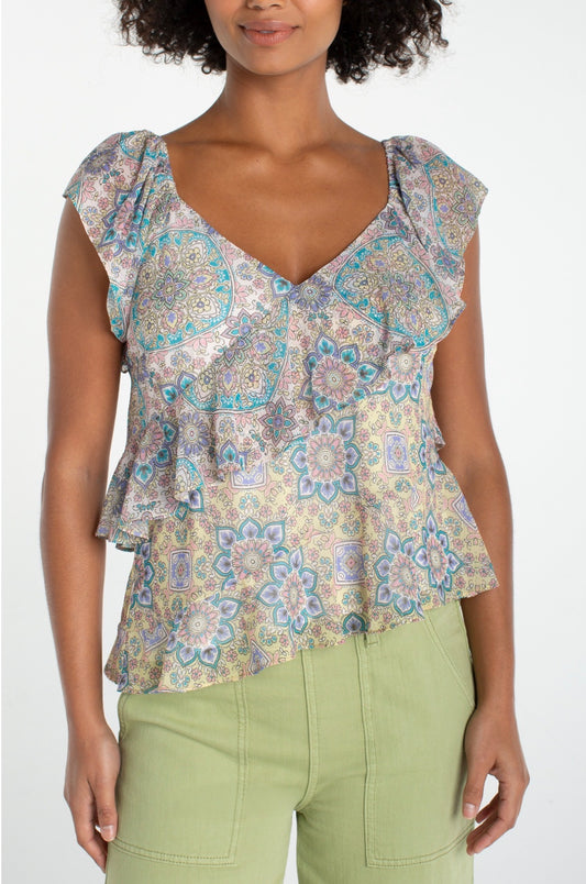 FLUTTER SLEEVE DRAPED WOVEN BLOUSE