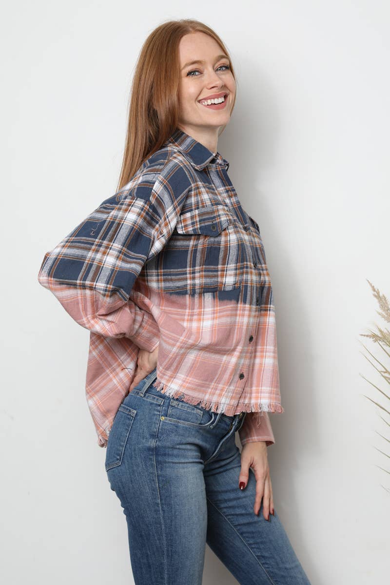 PLAID BLEACH OMBRE DIP DYE BUTTON FRONT SHIRT