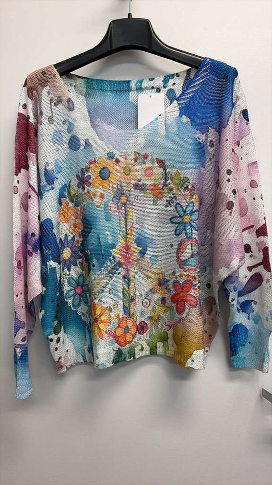 Italian OS Floral Peace Sign Print Knit Sweater