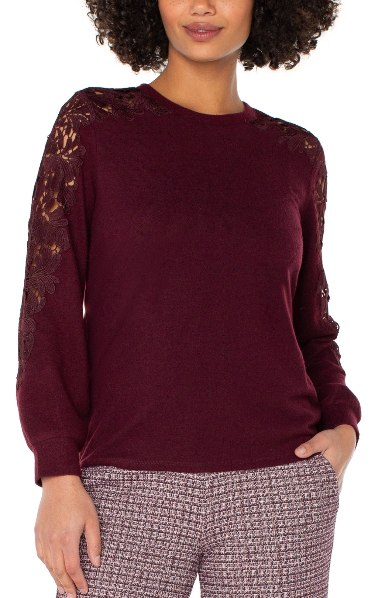 LONG SLEEVE CREW NECK LACE INSERT KNIT TOP
