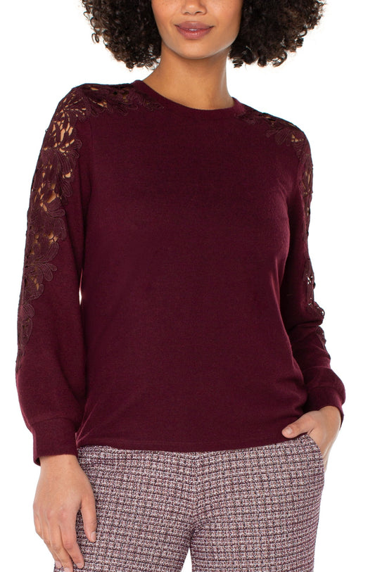 LONG SLEEVE CREW NECK LACE INSERT KNIT TOP