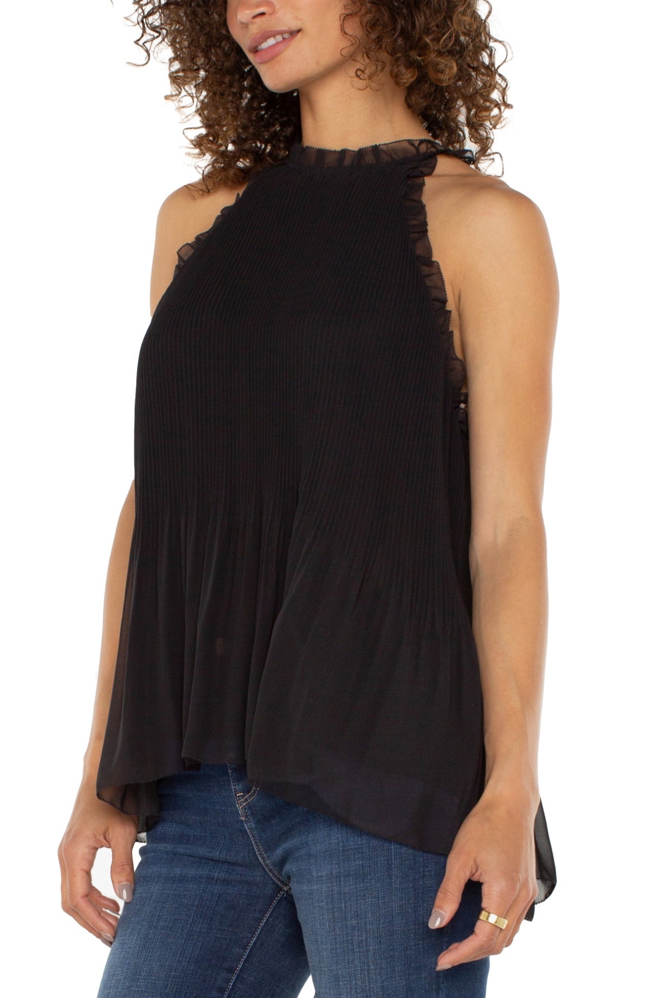 PLEATED SLEEVELESS HALTER TOP WITH RUFFLE