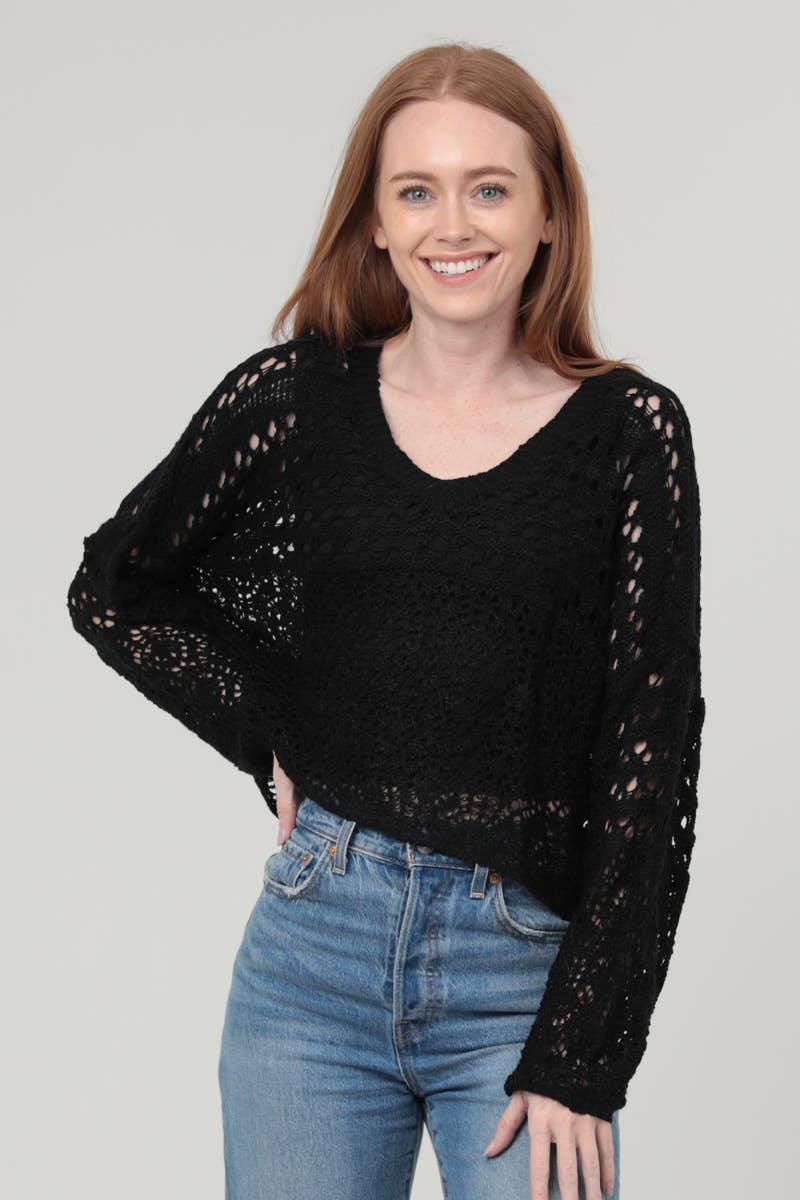 OPEN KNIT V NECK PULLOVER SWEATER