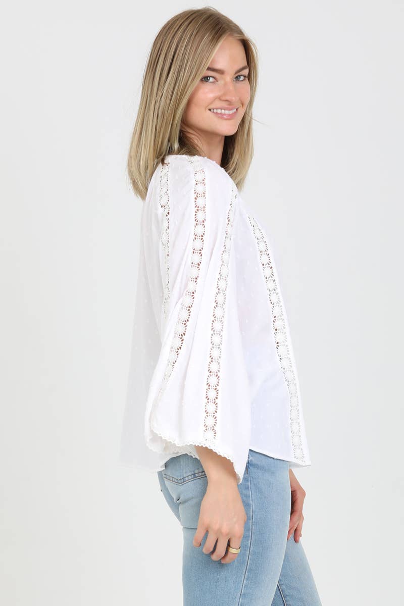 FLARE BELL SLEEVE LACE INSET V NECK TOP