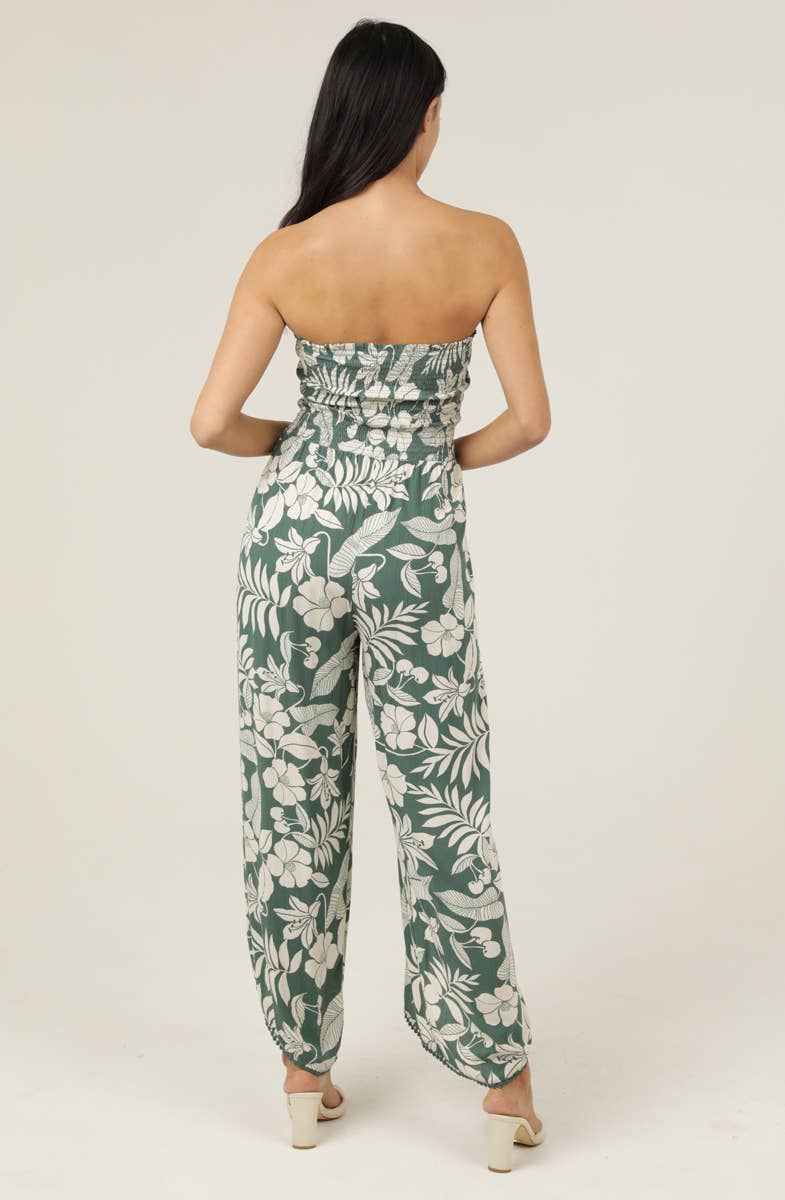 SMOCKED BODICE WRAP LEG JUMPSUIT