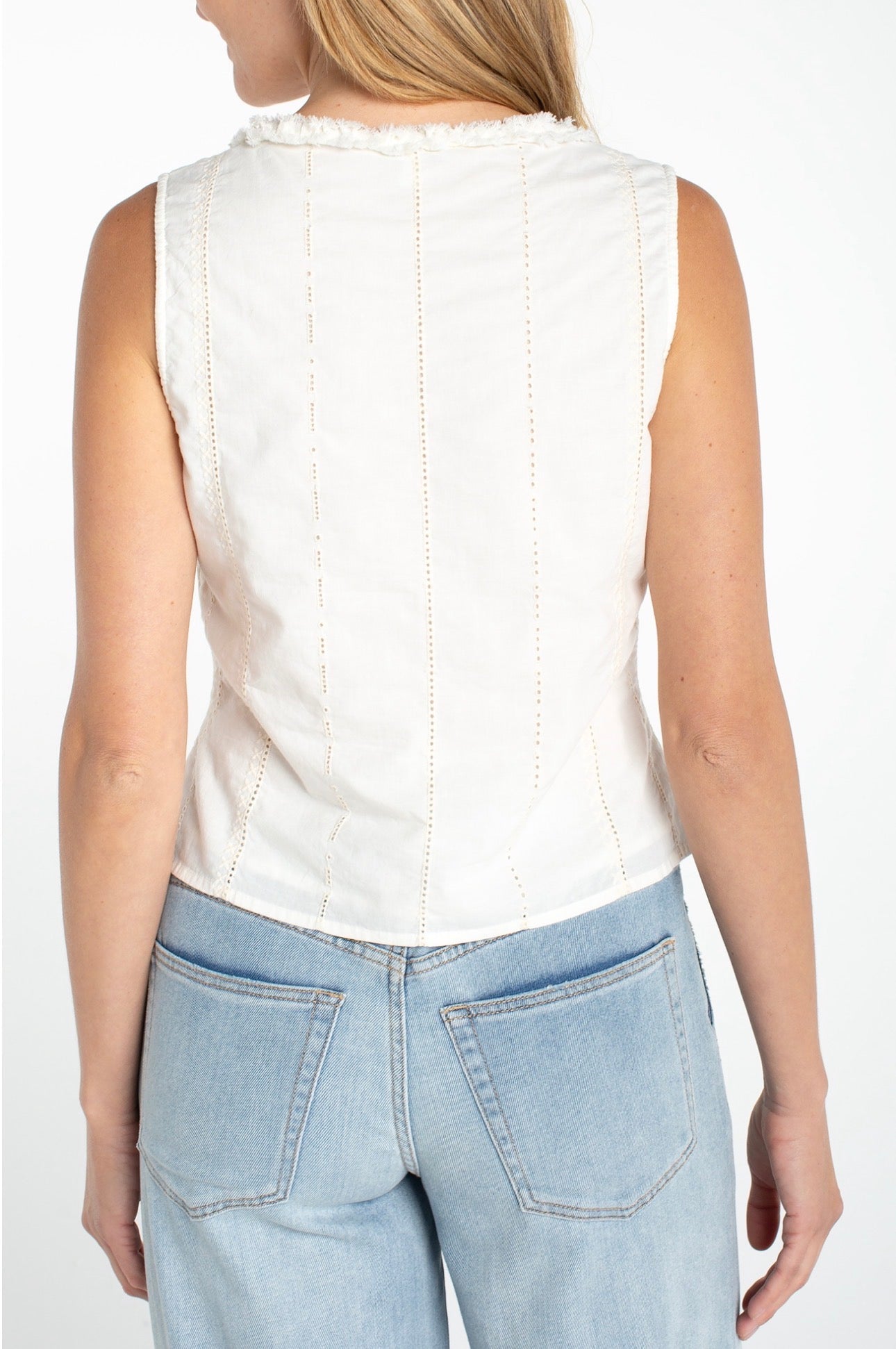Sleeveless pin tucked woven top with ruffles in cream