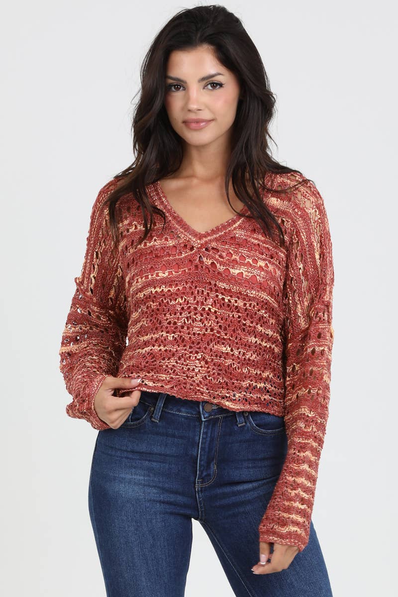 OPEN KNIT V NECK PULLOVER SWEATER