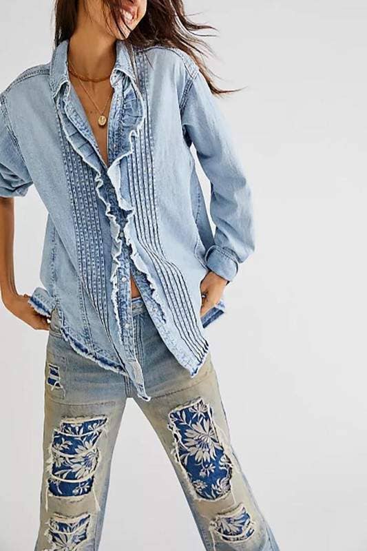 Ruffled Pintuck Denim Shirt