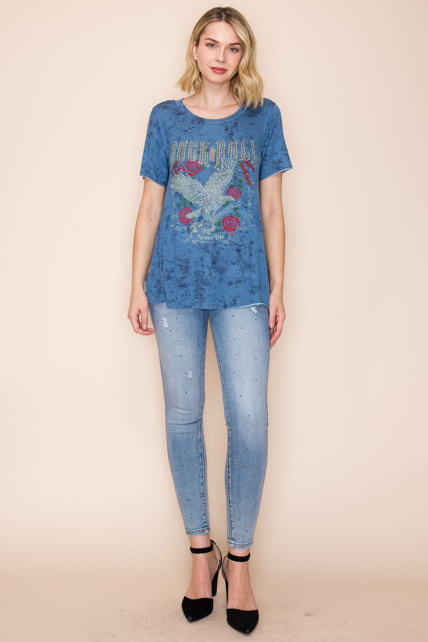 Edgy graphic tee with rhinestones rock ‘n’ roll never die